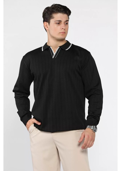 Erkek Polo Yaka Kendinden Çizgi Desenli Triko Kazak P-00018653