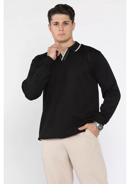 Erkek Polo Yaka Kendinden Çizgi Desenli Triko Kazak P-00018653 fiyatları