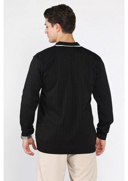 Erkek Polo Yaka Kendinden Çizgi Desenli Triko Kazak P-00018653 modelleri