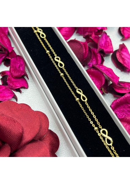 Sonsuzluk Figürlü Kadın Bileklik 925 Ayar Gümüş Altın Kaplama Çift Zincirli Modern Tasarım