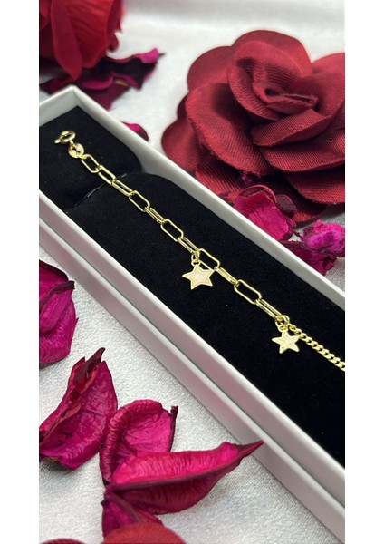 Yıldız Figürlü Kadın Bileklik 925 Ayar Gümüş Altın Kaplama