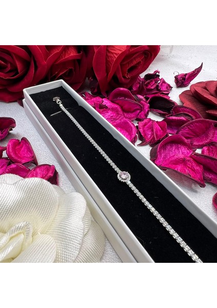 Pembe Taşlı Kadın Bileklik 925 Ayar Gümüş Zirkon Taşlı