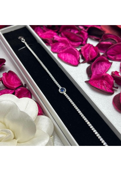 Mavi Taş Detaylı Kadın Bileklik 925 Ayar Gümüş Zirkon Taşlı