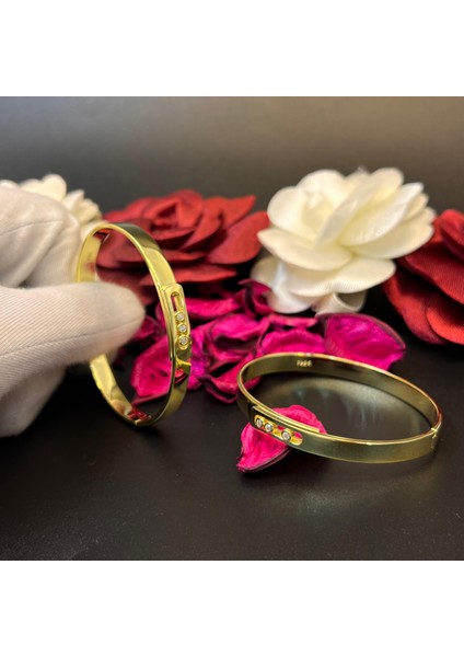 Altın Kaplama Zirkon Taşlı Unisex Kelepçe Çift Modeli 925 Ayar Gümüş