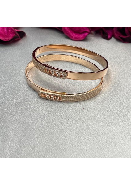 Rose Kaplama Zirkon Taşlı Kadın Kelepçe Modeli 925 Ayar Gümüş modelleri