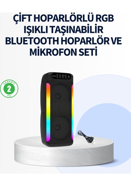 Rgb Işıklı Çift Hoparlörlü Taşınabilir Bluetooth Speaker ve Mikrofon