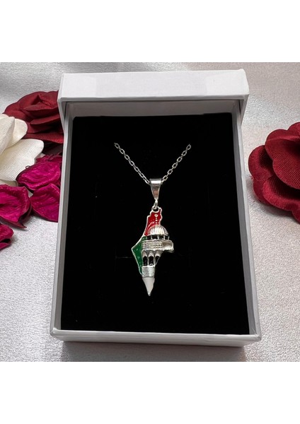 Filistin Haritası ve Kubbetüs Sahra Figürlü Kadın Kolye 925 Ayar Gümüş Mine Işlemeli