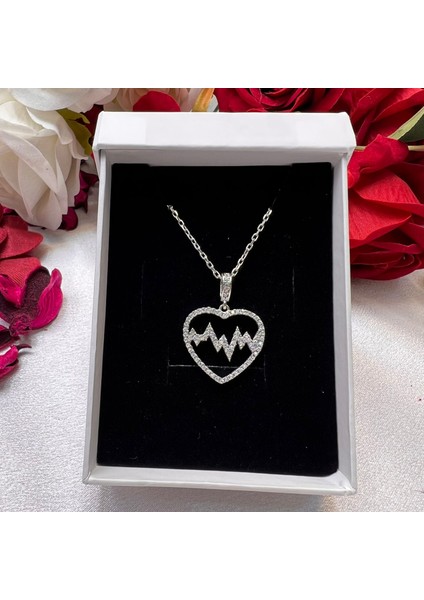 Kalp ve Ekg Figürlü Kadın Kolye 925 Ayar Gümüş Zirkon Taşlı