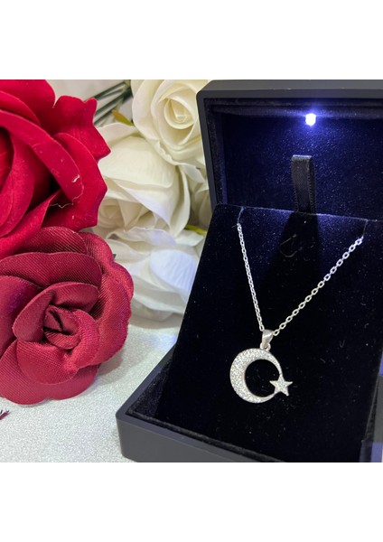 Ay Yıldız Figürlü Kadın Kolye 925 Ayar Gümüş Zirkon Taşlı