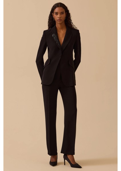 Kadın Boncuk Işlemeli Tek Düğmeli Ceket 0004 Siyah