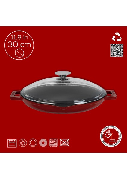 Döküm Yuvarlak Kızartma Tavası Cam Kapaklı Döküm Demir Yekpare Çift Kulplu ÇAP(Ø)30CM.-BORDO fırsatları