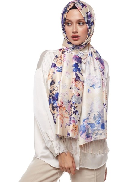 Ipekevi Desenli Ipek Şal - Gül Bahçesi Desenli - Krem