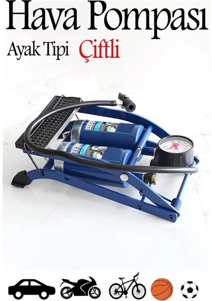 Ayaklı Tipi Hava Pompası Göstergeli Çift Hava Depolu Teker Araç Bisiklet Pompası Mft.