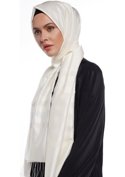 Ipekevi Desenli Ipek Şal - Mono Panjur Desenli - Inci Beyazı