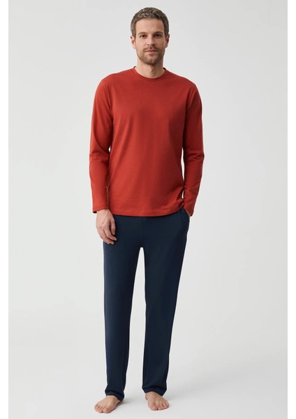 Natural Soft Erkek Uzun Kollu 0 Yaka Pijama Takımı Turuncu Kırmızı First Touch FT702