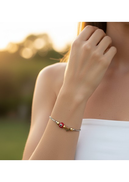 Zirkon Taşlı Kırmızı Kalp Asansörlü Bileklik