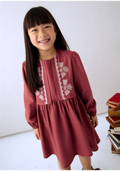 4-10 Yaş Kız Çocuk Kırmızı Etnik Desenli Elbise | Pamuk Astarlı