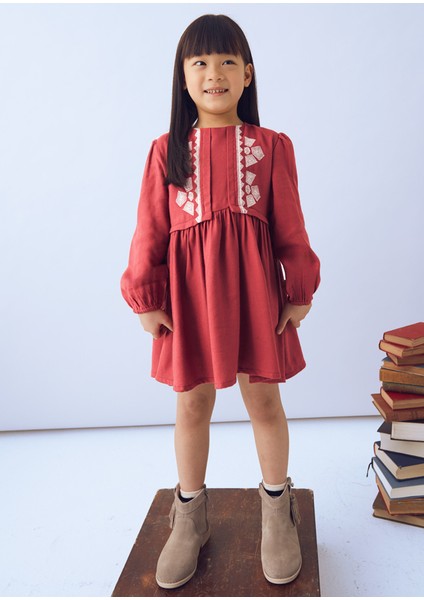 4-10 Yaş Kız Çocuk Kırmızı Etnik Desenli Elbise | Pamuk Astarlı modelleri