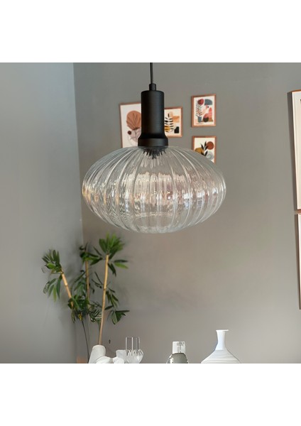 Elegant Cam Şeffaf Avize Siyah Fener Başlık Sarkıt Lamba Restoran Salon Aydınlatma