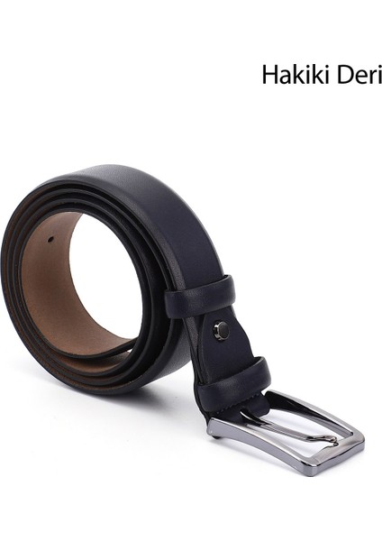 Erkek Antik Lacivert Hakiki Deri 3,5 Cm Klasik Kemer