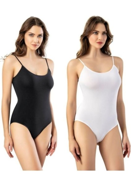 Kota 2'li Ince Askılı Siyah ve Beyaz Renkler Kadın Çıtçıtlı (Kancalı) Body - Atlet