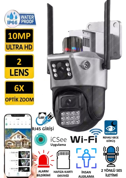 Pro RX23 6mp Dual Lens 360° Görüş Hareketli Waterproof Gece Görüş Sesli Görüşme Akıllı Kamera Çakarlı