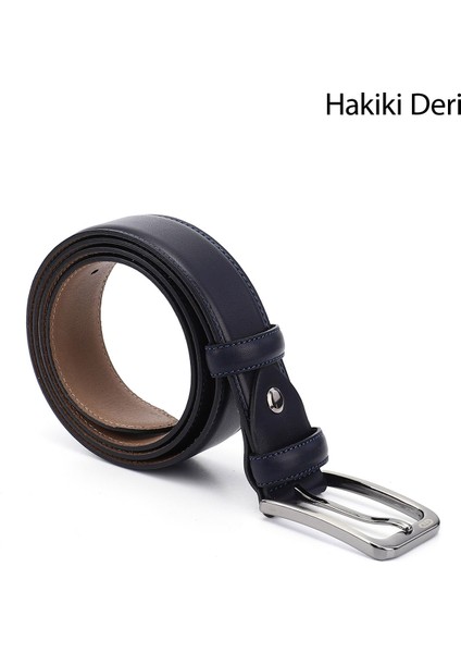 Erkek Antik Lacivert Hakiki Deri 3,5 Cm Klasik Kemer