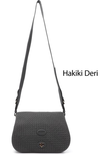 Kadın Gri Hakiki Deri Uzun Askılı Hasır Örgü Omuz Çantası