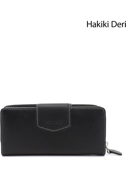 Kadın Siyah Deri Yatay Hakiki Deri Cüzdan