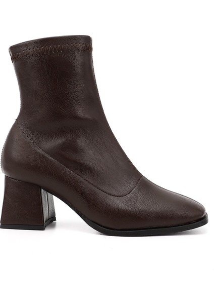 Kadın Kahverengi Deri Görünümlü Kalın Topuklu Streç Bot