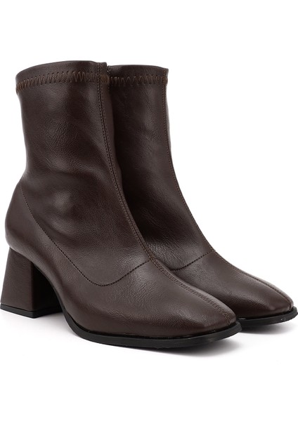 Kadın Kahverengi Deri Görünümlü Kalın Topuklu Streç Bot fiyatları