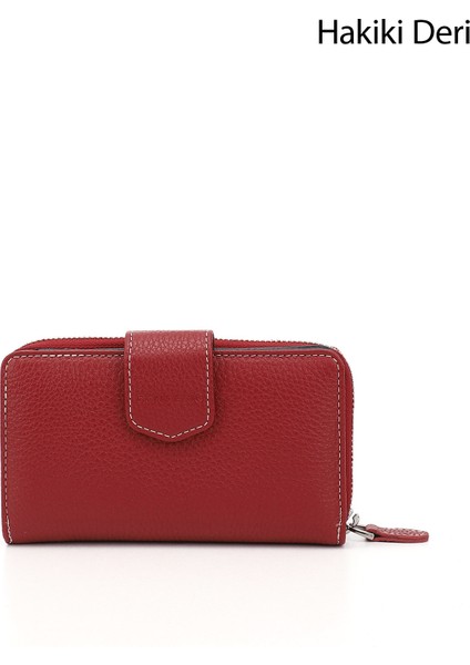 Kadın Kırmızı - Lacivert Yatay Hakiki Deri Cüzdan
