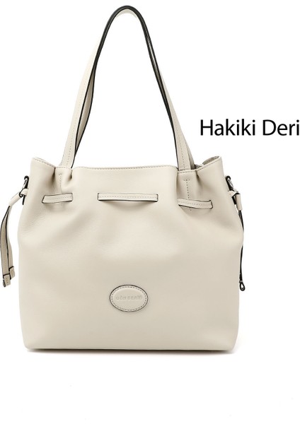 Kadın Bej Hakiki Deri El ve Omuz Çantası