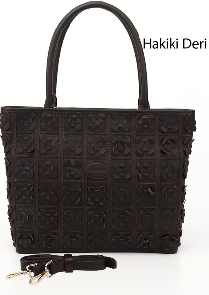 Kadın Kahve Hakiki Deri El ve Omuz Çantası