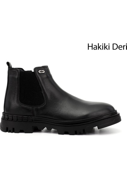 Erkek Siyah Fermuarlı Hakiki Deri Chelsea Bot