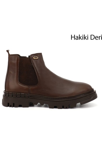 Erkek Kahverengi Fermuarlı Hakiki Deri Chelsea Bot