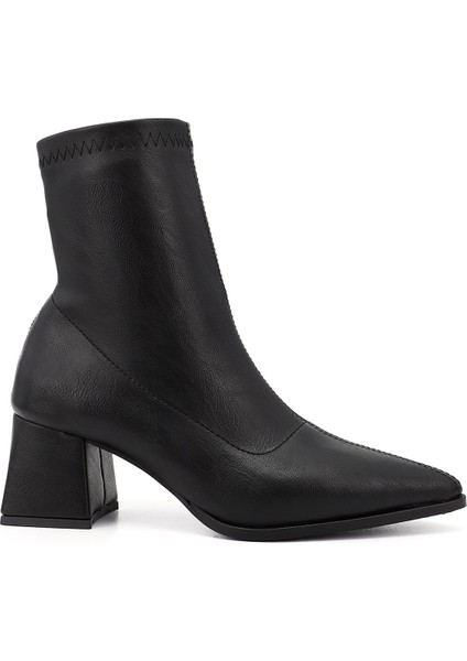 Kadın Siyah Deri Görünümlü Kalın Topuklu Streç Bot