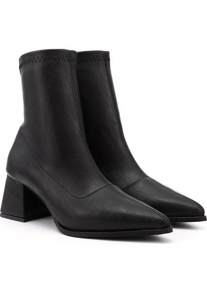 Kadın Siyah Deri Görünümlü Kalın Topuklu Streç Bot fiyatları