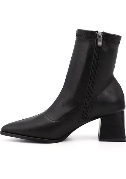 Kadın Siyah Deri Görünümlü Kalın Topuklu Streç Bot modelleri