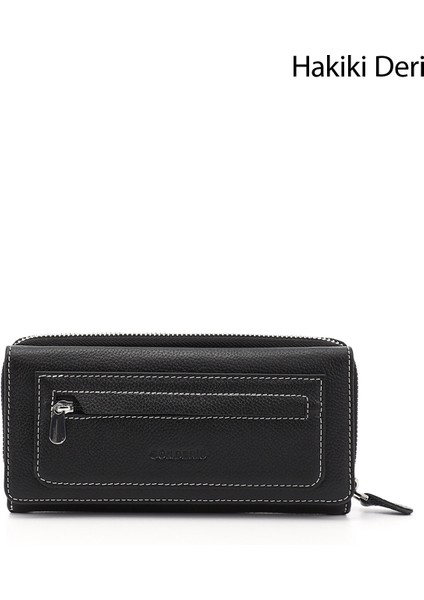 Kadın Siyah Deri Yatay Hakiki Deri Cüzdan