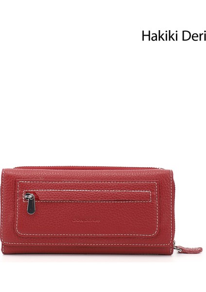 Kadın Kırmızı - Lacivert Yatay Hakiki Deri Cüzdan