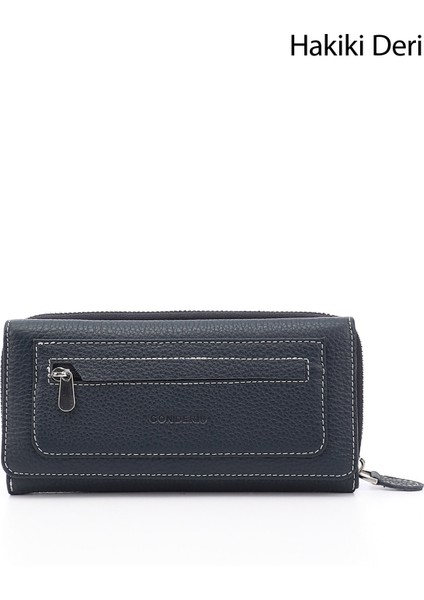 Kadın Lacivert Yatay Hakiki Deri Cüzdan