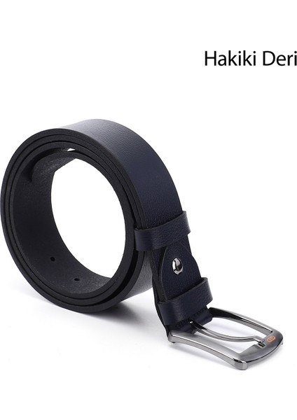 Erkek Antik Lacivert Hakiki Deri 4 Cm Kot Kemeri