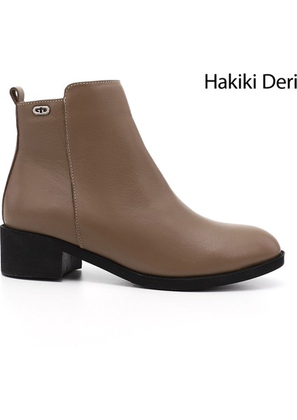 Kadın Vizon Antik Fermuarlı Kalın Topuklu Hakiki Deri Bot