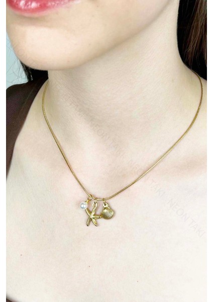 Midye, İnci, Deniz Yıldızı Charmlı Paslanmaz Çelik Kolye 411, Altın Rengi indirimleri