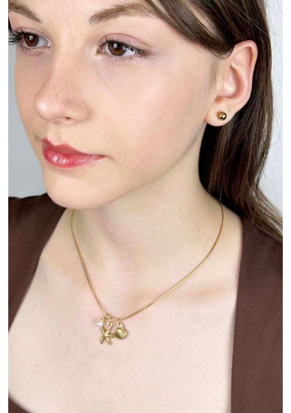 Midye, İnci, Deniz Yıldızı Charmlı Paslanmaz Çelik Kolye 411, Altın Rengi