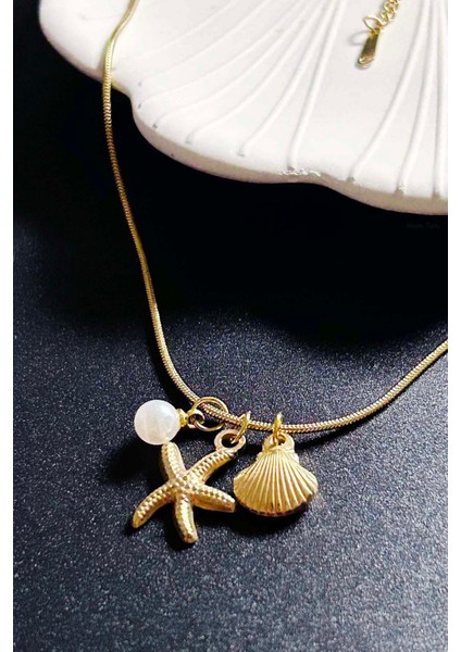 Midye, İnci, Deniz Yıldızı Charmlı Paslanmaz Çelik Kolye 411, Altın Rengi