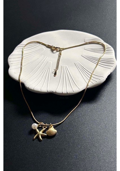 Midye, İnci, Deniz Yıldızı Charmlı Paslanmaz Çelik Kolye 411, Altın Rengi