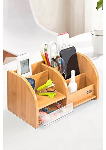 Bambu Desenli Ahşap Kalemlik 7 Bölmeli Masaüstü Düzenleyici 267x142x136 mm