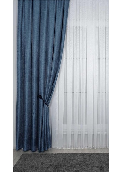 Hasır Dokulu Lüks Fon Perde Pilesiz Tek Kanat Koyu Mavi fırsatları